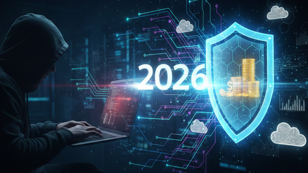 Hacker using laptop with digital cybersecurity shield and 2026 text representing financial and cloud security protection.
