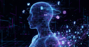 Digital human silhouette surrounded by social media icons and cryptocurrency symbols representing the mineable self and digital identity economy