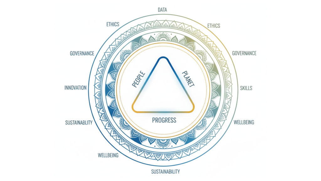 AI framework diagram showing Data, Ethics, Governance, Innovation, Skills, Sustainability, Wellbeing, People, Planet, and Progress