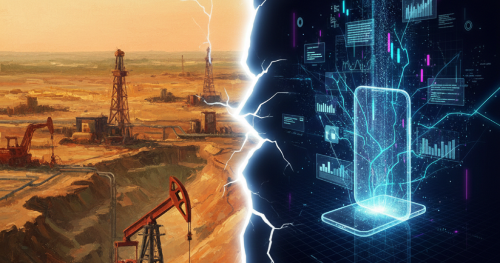 Oil extraction site contrasted with digital data mining on a smartphone representing identity as a global commodity