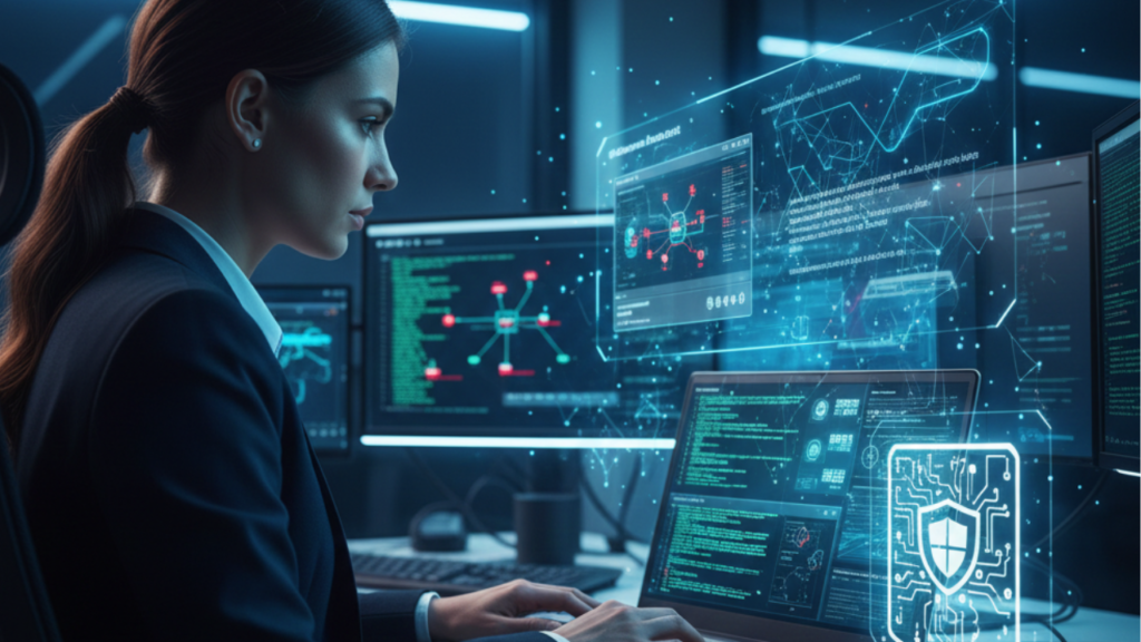 Female cybersecurity analyst monitoring network security data on multiple digital screens in a high-tech office.