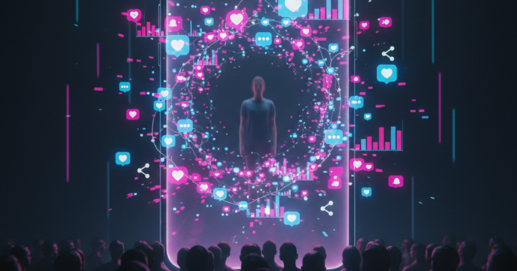 Person inside a digital engagement bubble surrounded by social media likes and analytics charts representing the attention economy