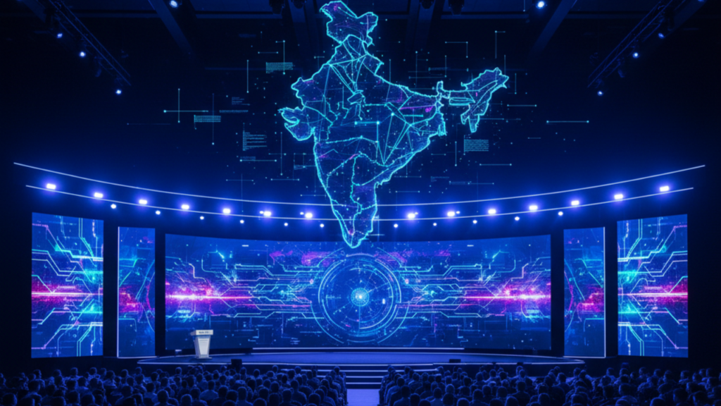Futuristic cybersecurity conference with digital map of India displayed on large LED screen.