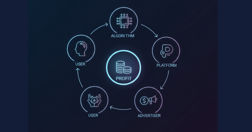 Diagram showing user, algorithm, platform, advertiser, and profit cycle in the digital economy