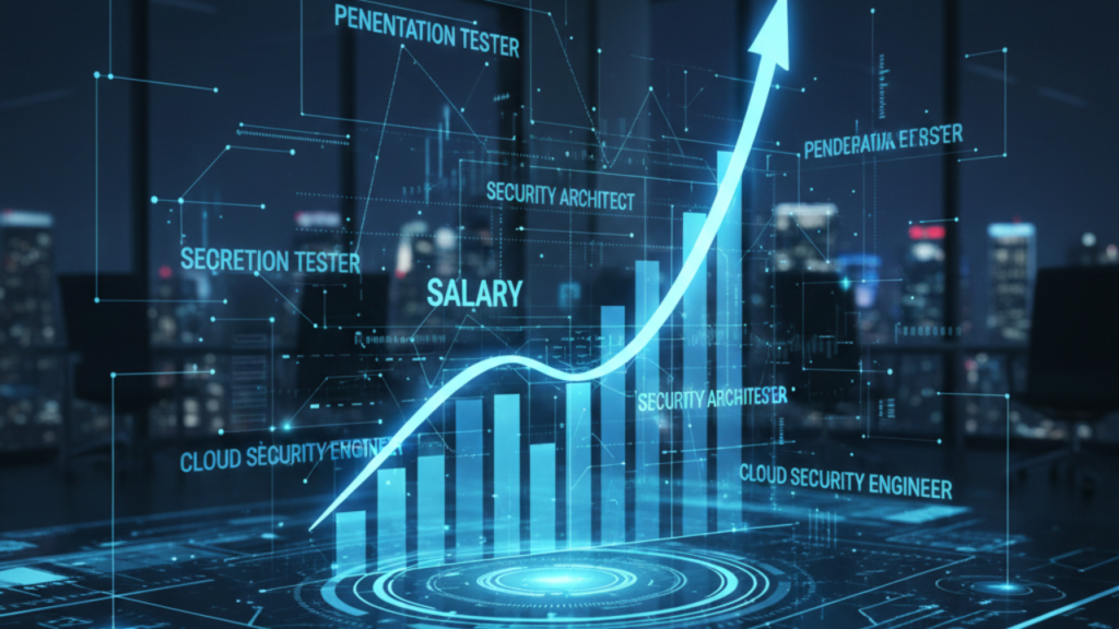 Cybersecurity salary growth chart showing increasing demand for security architect and cloud security engineer roles.