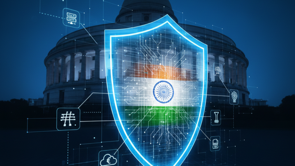 Indian Parliament building with digital cybersecurity shield featuring Indian flag.