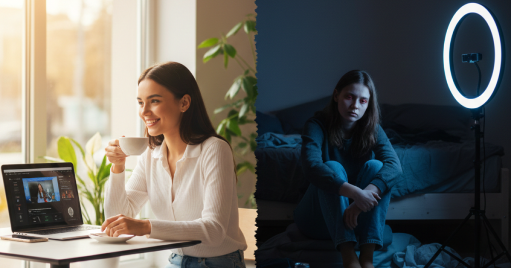 Content creator working productively contrasted with exhausted influencer under ring light representing digital burnout
