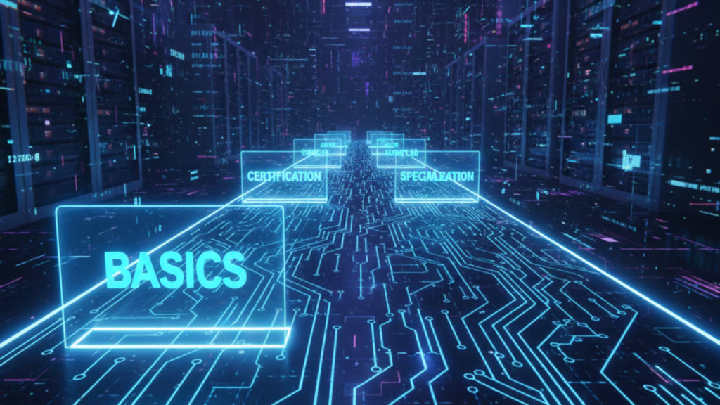 Cybersecurity learning roadmap showing basics, certification, and specialization path in a digital server environment.