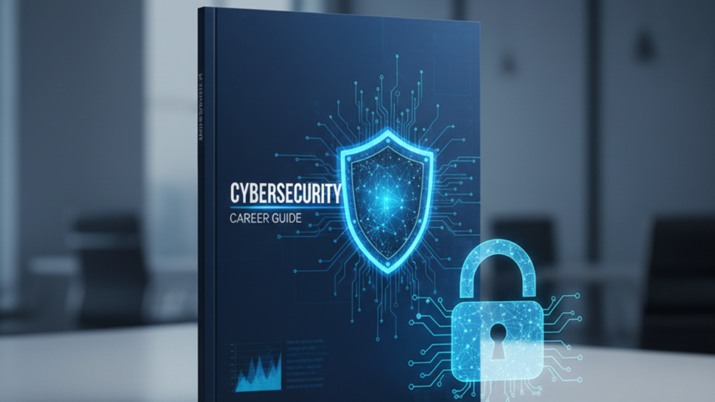 Cybersecurity career guide book with digital shield and lock symbol on cover.