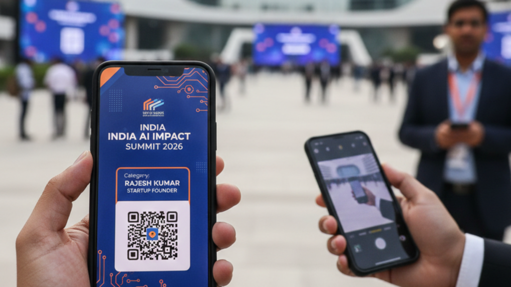 A person holding a smartphone displaying a digital entry badge for the India AI Impact Summit 2026 with a QR code, set against the backdrop of Bharat Mandapam in New Delhi.