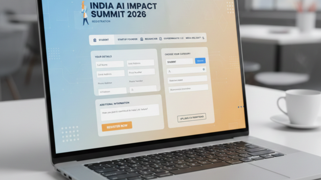 A laptop screen displaying the "India AI Impact Summit 2026" registration portal with a clean blue and saffron theme, featuring category tabs and a digital enrollment form.