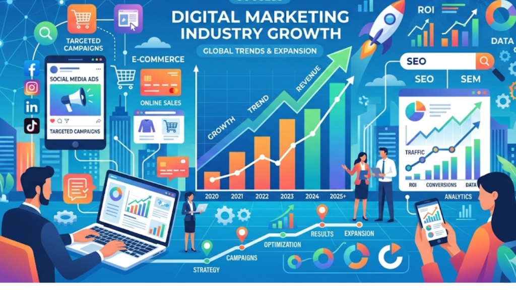 A vibrant conceptual illustration titled "Digital Marketing Industry Growth." It features a large upward-trending bar chart with a rocket ship launching from the top. Various professionals are shown interacting with digital interfaces, mobile devices, and data dashboards against a backdrop of a modern city skyline.