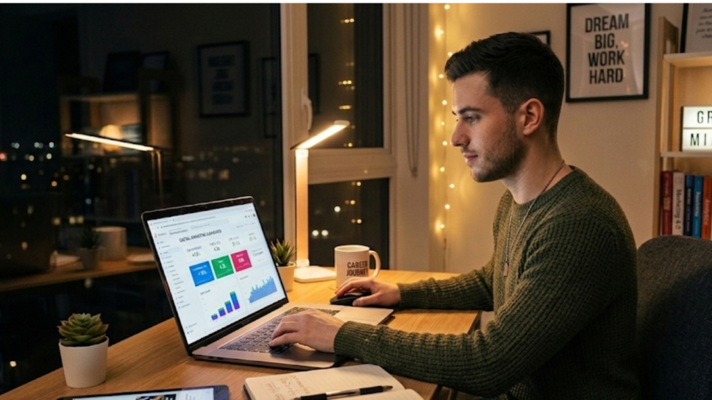 A high-resolution photograph of a young man working on a laptop at a desk during the evening. His screen displays a digital marketing dashboard with colorful charts. The room is warmly lit with a desk lamp, and a poster in the background reads "Dream Big, Work Hard."