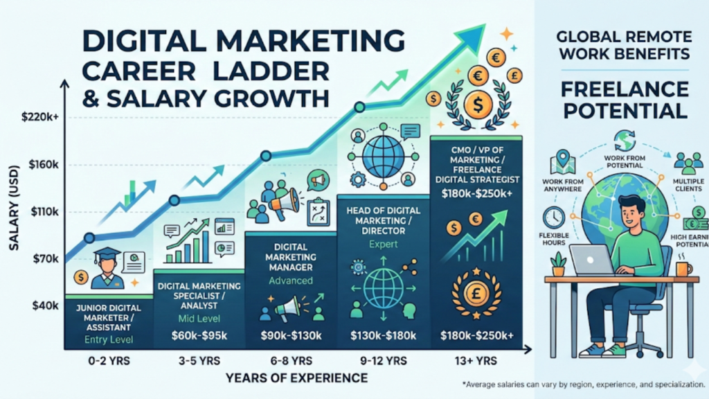 An infographic titled "Digital Marketing Career Ladder & Salary Growth." It shows a rising staircase of roles starting from Junior Marketer ($40k-$70k) up to CMO/VP of Marketing ($180k-$250k+). A side panel highlights "Global Remote Work Benefits" and "Freelance Potential" with an illustration of a man working by a globe.