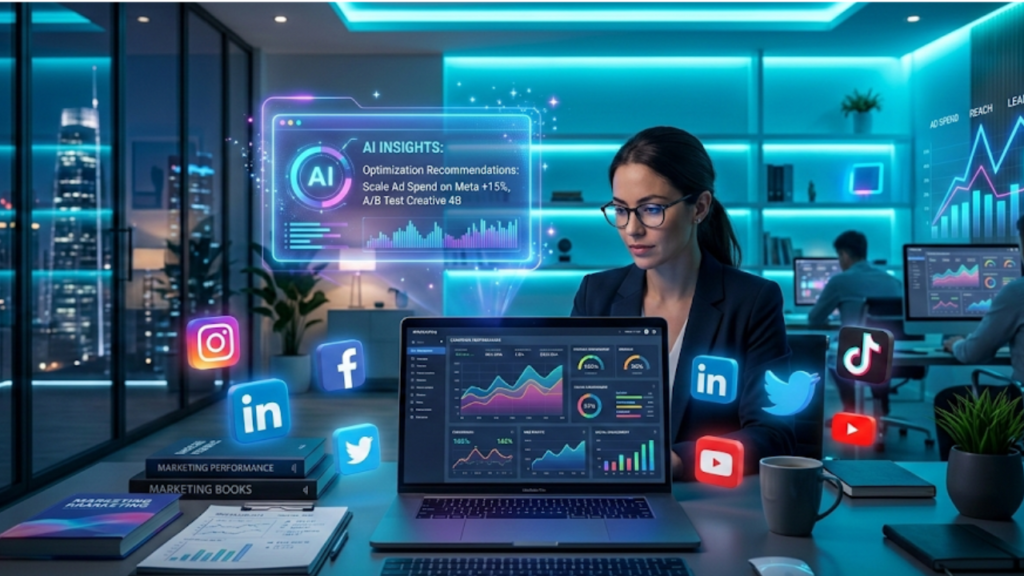 A futuristic illustration of a woman wearing a headset, standing behind a glowing, transparent holographic interface. She is touching a "Marketing Campaign Dashboard" that displays real-time data visualizations, pie charts, and engagement rates. Other colleagues work at computers in the background.