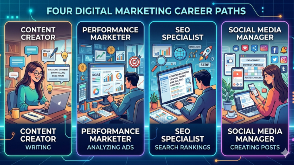 An infographic titled "Four Digital Marketing Career Paths." It features four vertical panels: Content Creator (focusing on writing), Performance Marketer (analyzing ads), SEO Specialist (search rankings), and Social Media Manager (creating posts). Each panel includes a character illustration and relevant icons.