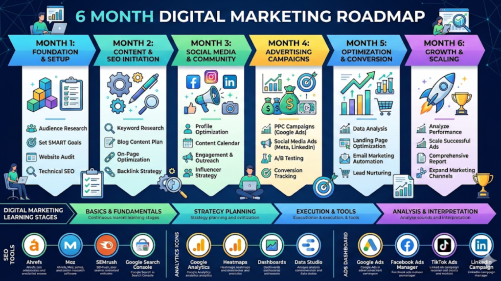 An infographic titled "6 Month Digital Marketing Roadmap." It features a horizontal timeline from Month 1 to Month 6. Phases include Foundation & Setup, Content & SEO, Social Media, Advertising, Optimization, and Growth. The bottom sections list "Digital Marketing Learning Stages" and specific "SEO Tools" like Ahrefs, SEMrush, and Google Search Console.
