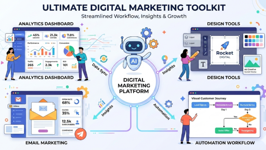 An infographic titled "Ultimate Digital Marketing Toolkit." A central AI robot icon is connected to four main quadrants: Analytics Dashboard (showing growth metrics), Design Tools (showing a "Rocket Digital" logo being edited), Email Marketing (showing open rates and campaigns), and Automation Workflow (showing a visual customer journey map).