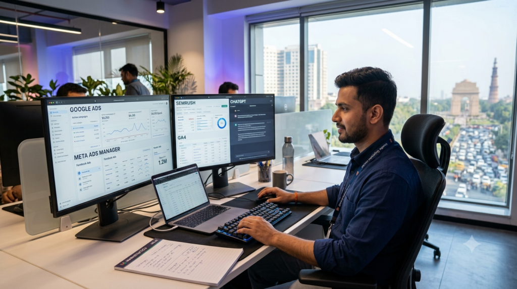 Indian digital marketer working with AI and performance marketing tools in 2026
