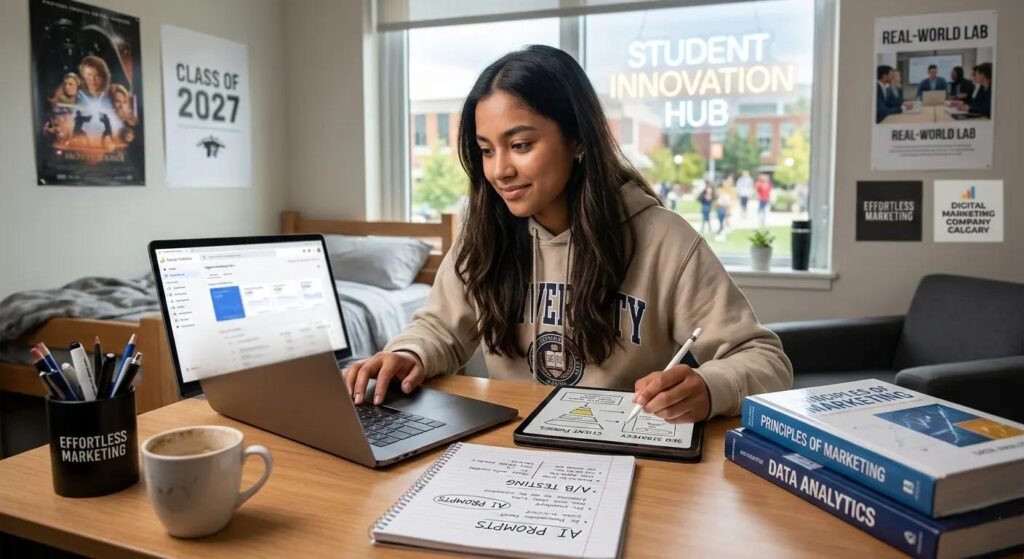 Young working professional attending live online digital marketing class after office hours. Laptop displaying instructor presentation, notebook beside keyboard, cozy home workspace, realistic evening lighting.