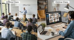 Ultra-realistic editorial style, split composition. Left side shows a modern digital marketing classroom with students learning from an instructor, large display showing Google Ads dashboard, SEO analytics and marketing charts. Right side shows a young professional attending a live online digital marketing class from a clean home workspace using a laptop, wearing headphones with instructor visible on screen. Bright modern office lighting, realistic people, premium education environment, green and white branding accents, shallow depth of field, highly detailed, professional photography, 16:9 banner, no watermark, no text.