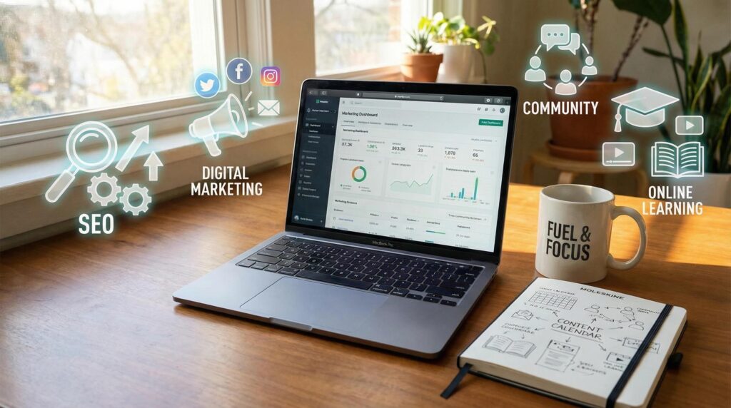 Student learning digital marketing on a laptop from home